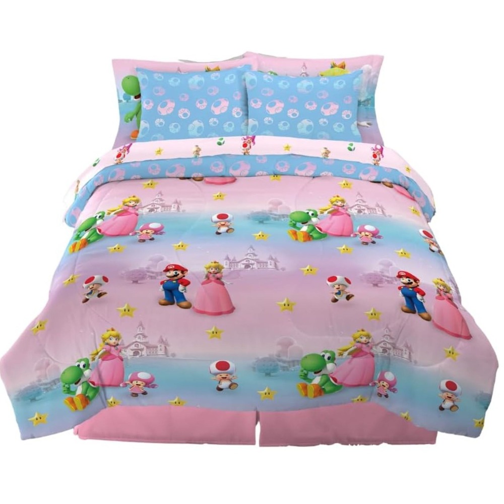 NEW 7 PIECE SUPER MARIO PRINCESS PEACH REVERSIBLE QUEEN COMFORTER AND SHEET SET